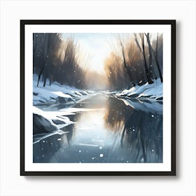 Winter Woodland Landscape, River Reflections 4 Art Print