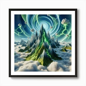 3 Dimensional Mountains With Multiple Green Lightning And White Swirls In A Vortex Of Clouds 2 Art Print