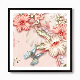 Glory Floral Exotic Butterfly Exquisite Fancy Pink Flowers Art Print