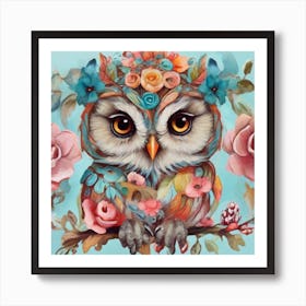 Owl With Flowers Art Print