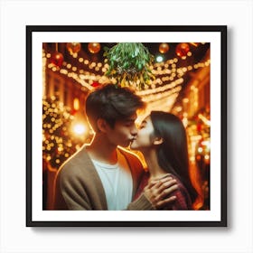 Christmas Couple Kissing In The Street Art Print