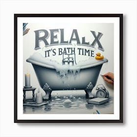 Bath Time Bliss: A Realistic and Detailed Drawing of a Bathtub with Water, Bubbles, and Accessories Art Print