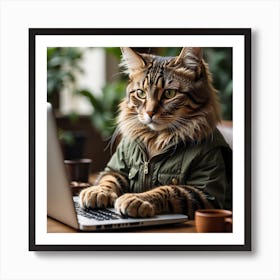 Cat Working On Laptop Art Print
