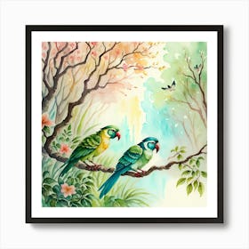 Watercolor Parrots On A Branch With Flowers Art Print