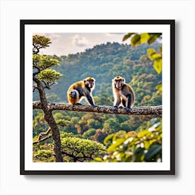 Monkeys On A Tree Branch Art Print