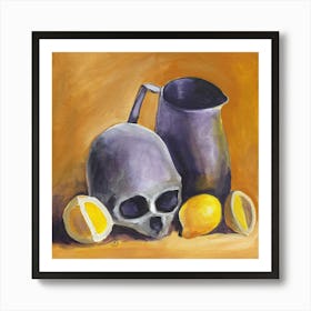 Skull And Lemons - figurative hand painted square yellow classical Art Print