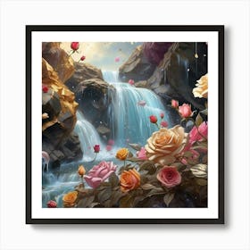 Waterfall With Roses 3 Art Print
