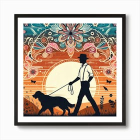 Boho art Silhouette of man with dog 2 Art Print