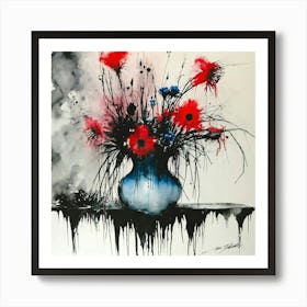 Flowers In A Vase Stephen Gammell style, dessin, aquarelle, aquarelles, noir et blanc et rouge , de marais, de sombres créatures, dégoulinant, pink and blue flowers in a vase placed on a table3 Art Print