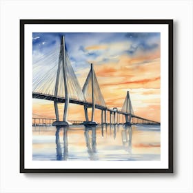 Accurate drawing and description. Sunset over the Arthur Ravenel Jr. Bridge in Charleston. Blue water and sunset reflections on the water. Watercolor.8 Art Print