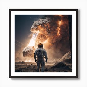 Astronaut Standing In Front Of An Explosion Art Print
