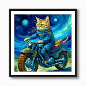 Cat Riding A Rocket Motorcycle In The Style Of Van Gogh Art Print