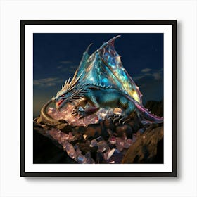 Firefly Dragon, Iridescent, Scales, Gemstones, Light, Reflection, Perched, Mountain, Peak, Mythical, (10) Art Print