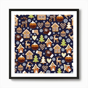 Winter Seamless Patterns With Gingerbread Cookies Holiday Background Art Print