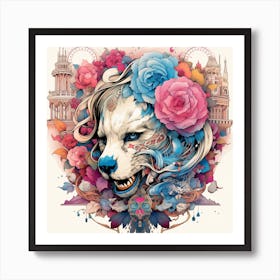 Wolf And Flowers Art Print