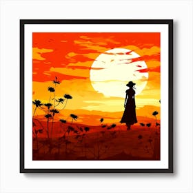 Silhouette Of A Woman At Sunset Art Print
