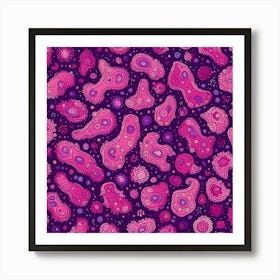 A seamless Pattern Featuring Amoeba Like Blobs Shapes With Edges Rustic Purple And Pink, Flat Art, 114 Art Print