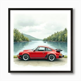 Elegant Sports Car By A Serene Lakeside, Watercolor Painting 1 Art Print