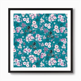 Little Flowers Dark Turquoise Square Art Print