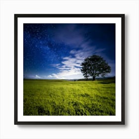 Firefly 8k, Top Quality, Live Action, Center, Night Sky, Darkness, Meadow, Plateau, Single Tree, Sea Art Print