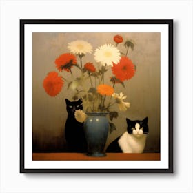 Cats and Flower Inspired By Odilon Redon Art Print