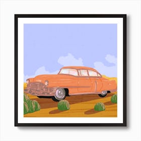 Pink car in desert, classic car, landscape, American, illustration, wall art Art Print