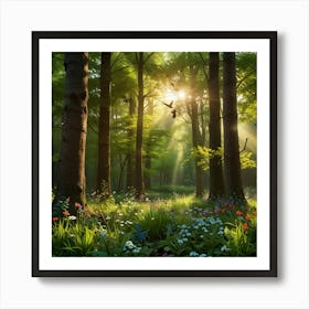 A Vibrant Springtime Forest With Fresh, Green Foliage And Blooming Flowers Art Print