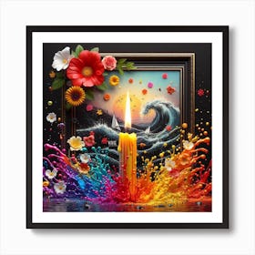 A lit candle inside a picture frame surrounded by flowers 10 Art Print