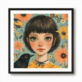 Girl With Crow Art Print