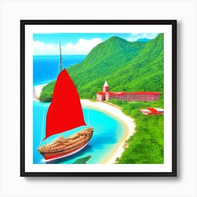 Red Sailboat On The Beach Art Print