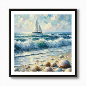 Sailboat And Sea Shells On The Beach, Acrylic Painting Style Art Print