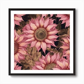 Seamless Pattern Of Elegant Sunflower Floral Motifs In Pink, Adorned With Gold Lines 1 Art Print