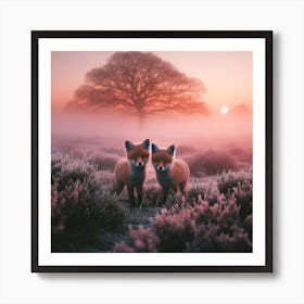 Foxes In The Mist 3 Art Print