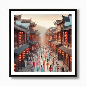 Chinese People Walking Down The Street Art Print