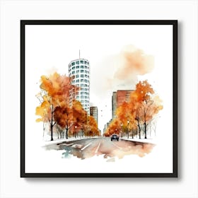 Watercolor Autumn Cityscape Art Print