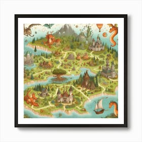 Charming Illustrated Map Of Imaginary Lands With Whimsical Creatures And Landmarks, Style Illustrated Map Art 2 Art Print