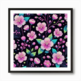 Pink Flowers On Black Background Art Print