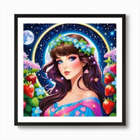 Girl With Flowers And Strawberries Art Print