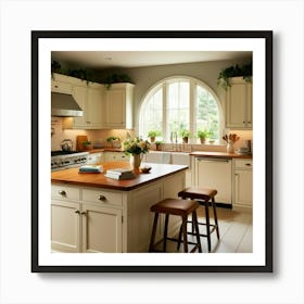 White Kitchen With Wood Cabinets Art Print