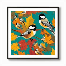 Chickadees in Autumn- maple leaves, titmouse bird, white background. Vector seamless pattern. Fall season illustration. Garden nature design, landscape art Art Print