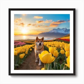 Dog In Yellow Tulips Art Print