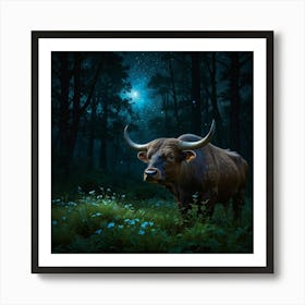 Bull In The Forest At Night 1 Art Print