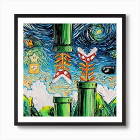 Super Mario Bros Starry Night Van Gogh Parody Art Print