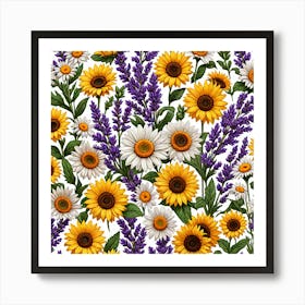 Sunflowers And Lavender Seamless Pattern Art Print