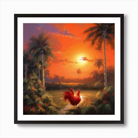 Rooster At Sunset Art Print