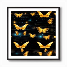 Golden Butterflies On A Black Background Art Print