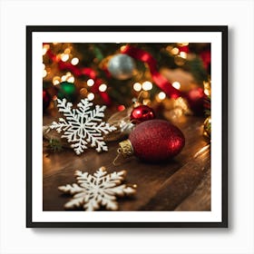 Christmas Ornaments On A Wooden Table Art Print