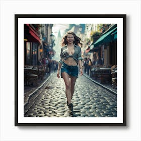 Girl Walks Down A Cobblestone Street Art Print