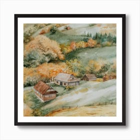 Watercolor Landscape Kiss Of Autumn Square Art Print