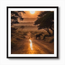 Sunset Elephants Art Print